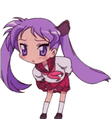 a cartoon girl with purple hair and blue eyes is standing with her hands on her hips