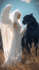 a woman in a white dress with angel wings stands next to a black panther