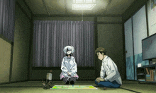 a man and a girl are playing a board game on the floor