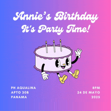 annie 's birthday it 's party time written on a blue and pink background
