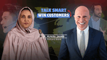 a man and a woman are standing next to each other with the words talk smart win customers behind them
