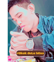 a cartoon of a man smoking a cigarette with the words rokok dulu boss below him