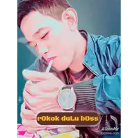 a cartoon of a man smoking a cigarette with the words rokok dulu boss below him