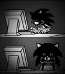 a black and white drawing of sonic the hedgehog using a computer and a cat sitting next to him .