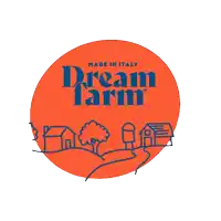 a logo for dream farm made in italy with houses and trees
