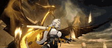 a woman with wings is holding a sword in front of a dragon .