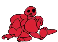 a cartoon drawing of a red turtle with black eyes and a red hand