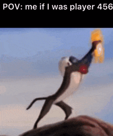 a cartoon of a monkey standing on top of a rock with the caption " pov : me if i was player 456 " .