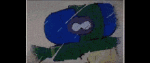 a pixel art drawing of a person in a green jacket and blue mask