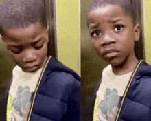 a young boy is standing in an elevator and making a sad face .