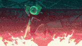 a pixel art drawing of a robot with a green head and a red background