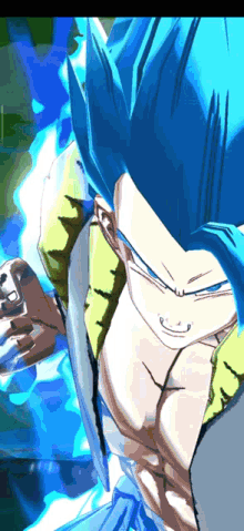 a cartoon character with blue hair is smiling and holding a sword