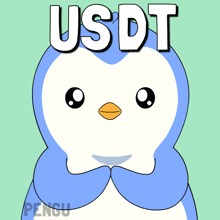 a penguin holding a coin with the word usdt on top