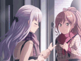 two anime girls are standing next to each other in front of a door and smiling