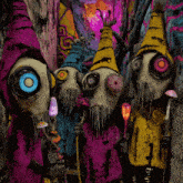 a painting of a group of cartoon characters with strange eyes