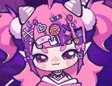 a cartoon girl with pink hair and purple horns is wearing a necklace and a book .