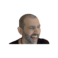 a bald man with a beard is laughing with his mouth open