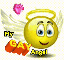 a smiley face with wings and the words " my gay angel " on it