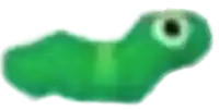 a green caterpillar with big eyes is crawling on a white surface .