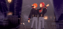 a couple of anime characters standing next to each other with a sign in the background that says ' a '