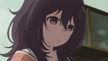 a girl with purple hair is looking at the camera