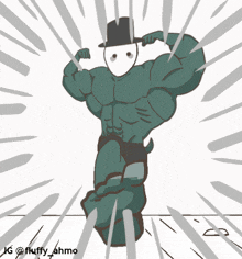 a cartoon drawing of a man with a top hat flexing his muscles with the caption ig @fluffy_ahmo