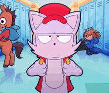 a cartoon of a cat wearing a red hat and a backpack