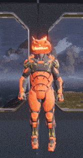 a video game character with a pumpkin on his head is hanging upside down