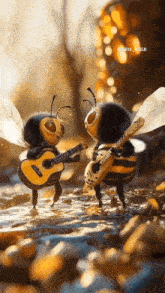 two bees are playing guitars in the water and singing .