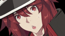 a close up of a red haired anime girl with a surprised look on her face