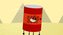 a cartoon drawing of a can that says soup on it