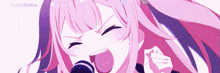 a girl with pink hair is singing into a microphone and the words whostudios are on the bottom