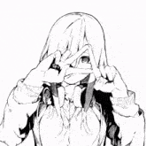 a black and white drawing of a girl covering her face with her hands