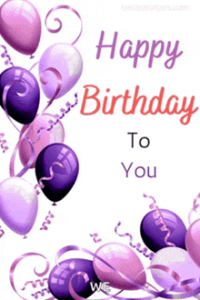 a birthday card with purple and pink balloons and ribbons that says happy birthday to you