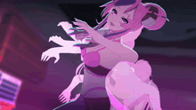 a pink anime girl with a bun and a purple background