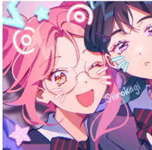 a drawing of a girl with pink hair and glasses has the name hirokagi on the bottom