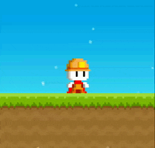 a pixel art drawing of a man wearing a hard hat and overalls