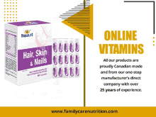 a box of hair skin and nails capsules next to a yellow triangle that says online vitamins