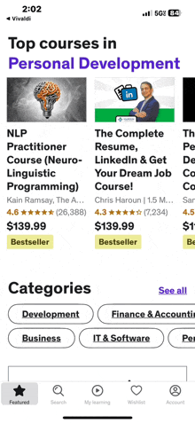 a phone screen shows a list of top courses in personal development