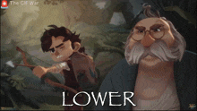 a poster for the gif war shows a boy with a bow and an older man with a beard
