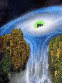 a painting of a waterfall with a green circle in the middle