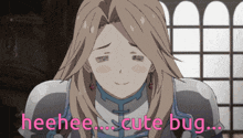a picture of a girl with the words heehee cute bug above her