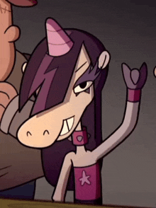 a cartoon character with purple hair and a horn on her head