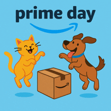 a cat and a dog are jumping in front of a box that says prime day