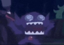 a purple cartoon character with a big smile on his face is standing in a dark room .