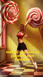 a woman in a red top and black skirt stands in front of giant lollipops that say melhor que isso so