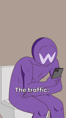a purple figure is sitting on a toilet looking at a cell phone with the words " the traffic " below him