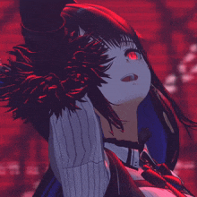 a close up of a girl 's face with her eyes closed and a bow around her neck