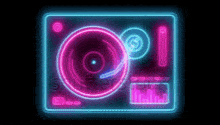 a neon sign of a record player with a record on it on a black background .