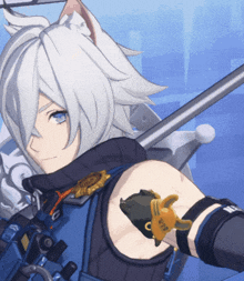 a white haired anime character with a cat ear and a badge on his chest